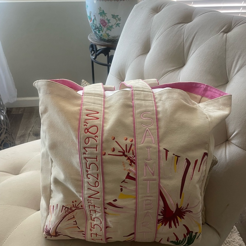 St. Bart's Canvas Tote Bag with Pink Accents